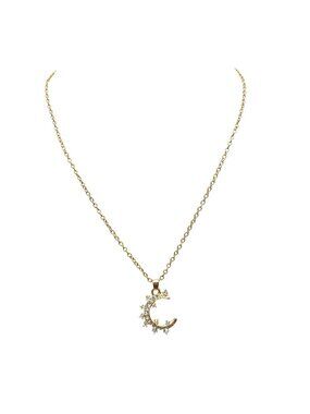 Vintage Gold Tone Crescent Moon Pendant Necklace with Rhinestones on Delicate
